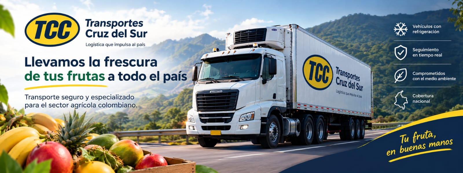 Anuncio de Transportes Cruz del Sur: transporte seguro y especializado de frutas para todo Colombia, con vehículos refrigerados y seguimiento en tiempo real